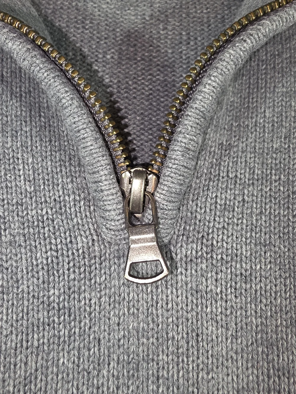 Eddie Bauer Gray Zip-Neck Sweater with Olive Trim